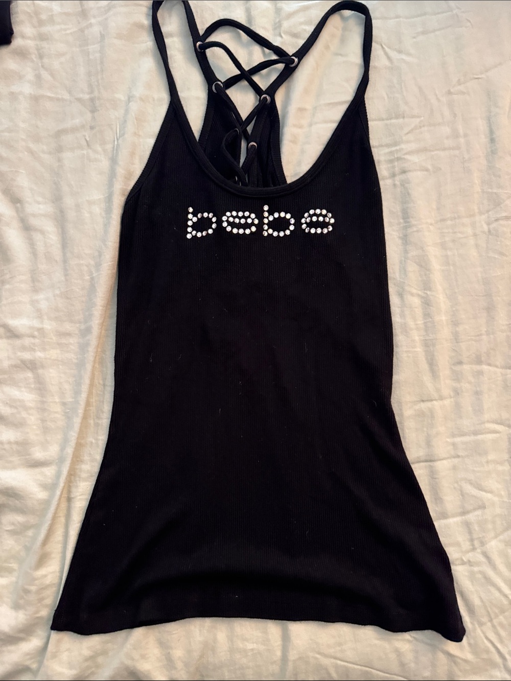 bebe Black Rhinestone Logo Lattice-Back Tank